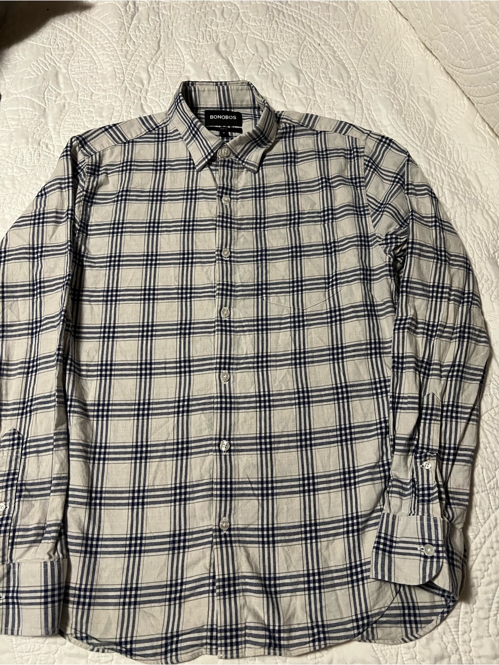 Bonobos Cream and Navy Plaid Long-Sleeve Button-Down Shirt Slim-Fit